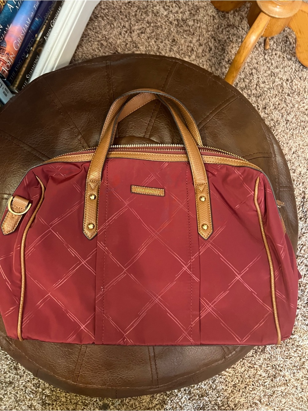 Vera Bradley Burgundy Quilted Tote with Tan Trim